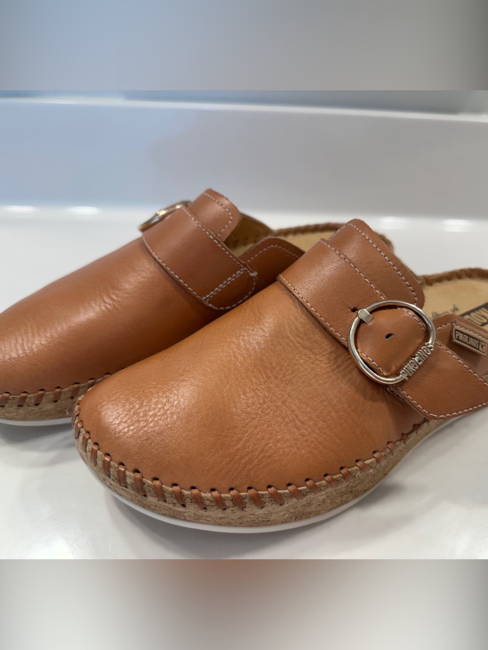 PIKOLINOS Tan Leather Slip-On Mule with Buckle Size 40